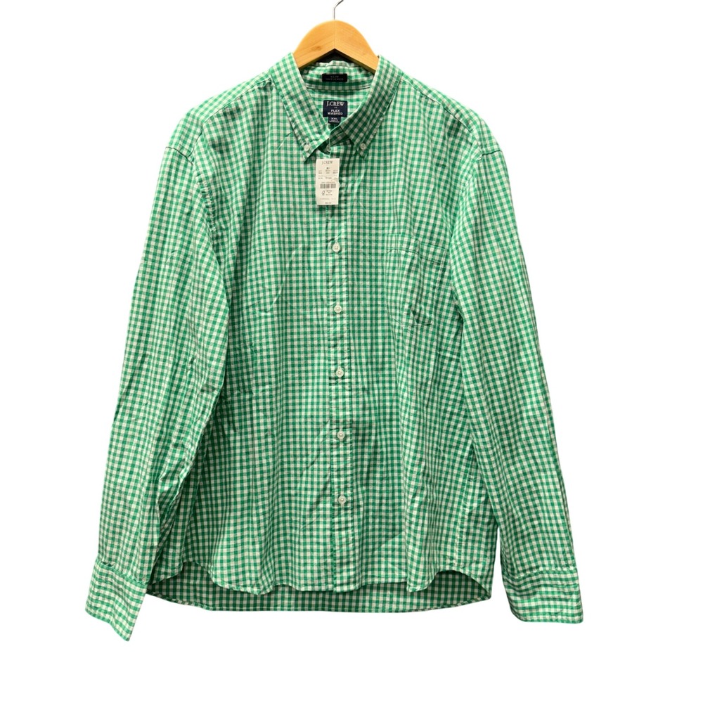 J Crew Button Down Mens XXL Slim Untucked Flex Shirt Washed Green Gingham NEW